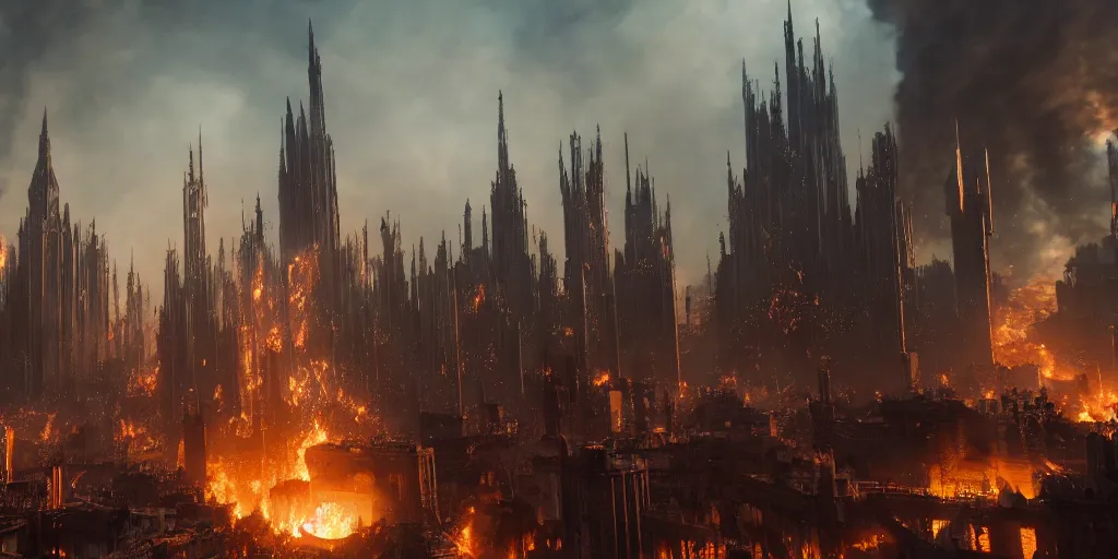 Image similar to gothic medieval cyberpunk city, giant explosion, fire, trail of smoke, high quality, detailed, 8k, unreal engine, octane render, trending on artstation