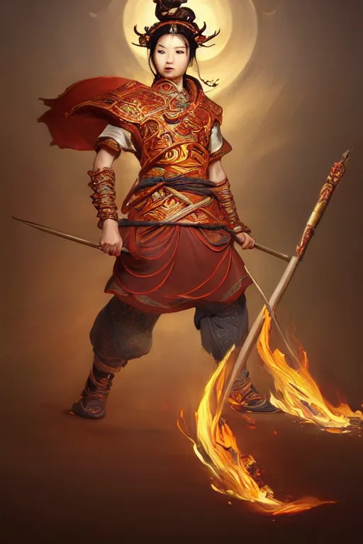 Image similar to charming nezha, highly detailed, man holding spear, flame everywhere, epic pose, masterpiece chinese fantasy character portrait, highly detailed, digital painting, trending on artstation, concept art, sharp focus, illustration, global illumination, ray tracing, realistic shaded, art by artgerm and greg rutkowski and fuji choko and viktoria gavrilenko and hoang lap