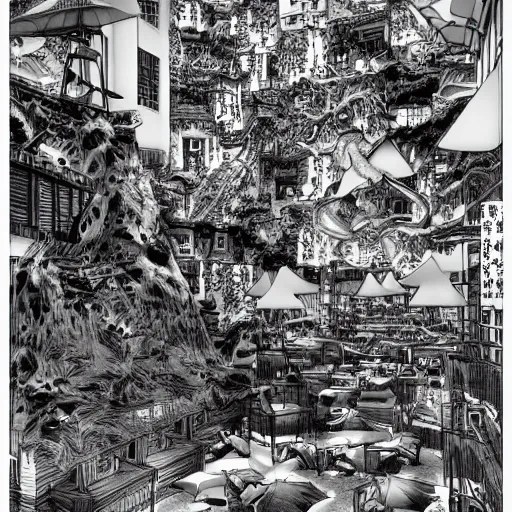 Image similar to 200 Hotels Manga panel award winning black and white art by Frank Zappa and Kim Jung Gi pen highly detailed pen and ink matte painting