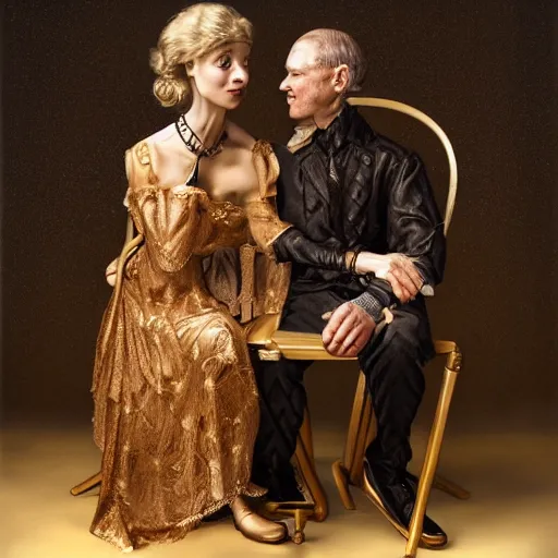 Prompt: a beautiful ultradetailed fine art old vintage couples portrait photo of cyborgs sitting on a chair and standing, by tom bagshaw and zach sutton, couples portrait, vignette, 3 5 mm lens, golden ratio composition, studio photography, very detailed, humanoids, artstation, 8 k, highly coherent
