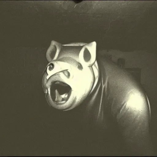 Image similar to creppy 2 0 0 3 photo of a pig masked man screaming in a dark room