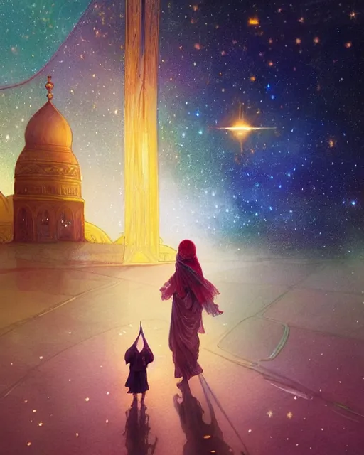 Image similar to bedouin child praying in galaxy walking towards mosque surrounded by nebula, highly detailed, gold filigree, romantic storybook fantasy, soft cinematic lighting, award, disney concept art watercolor illustration by mandy jurgens and alphonse mucha and alena aenami, pastel color palette, featured on artstation