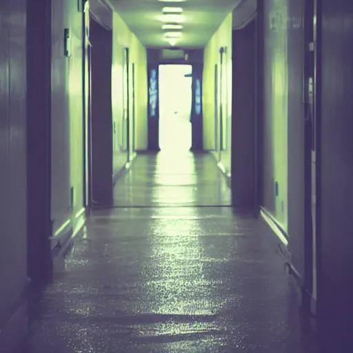 Image similar to an empty yellow hallway, liminal space, vhs recording