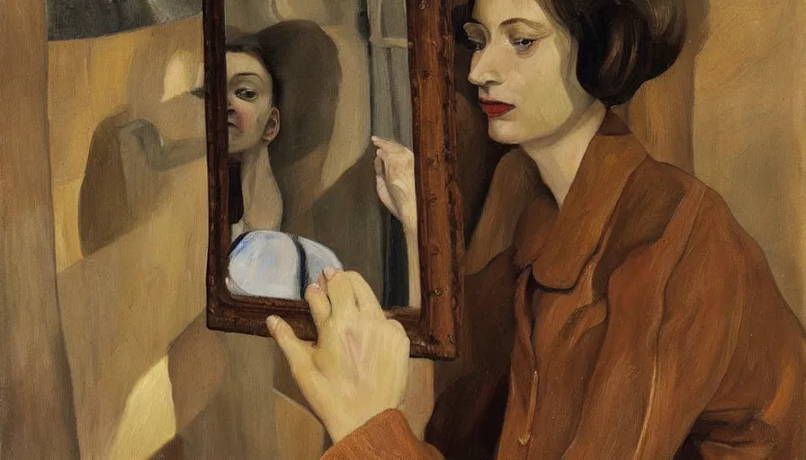 Image similar to painting by lucien freud, young woman in front of the mirror, detailed, stunning