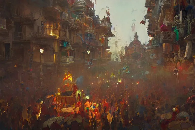 Prompt: carnaval de barranquilla, thorough details, intricate, artstation, atmosphere, highly detailed, craig mullins, james jean, cinematic, digital painting, deviantart, cinematic lighting, 4 k