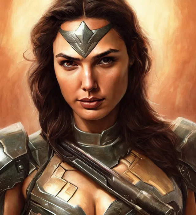 Prompt: detailed portrait of gal gadot as doomguy, attractive, beautiful, fantasy, intricate, elegant, highly detailed, digital painting, artstation, concept art, matte, sharp focus, illustration, art by aenaluck, artgerm and roberto ferri and greg rutkowski, epic fantasy, digital painting