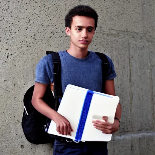 Prompt: portrait hyperrealism art realism student holding his notebooks with his backpack on