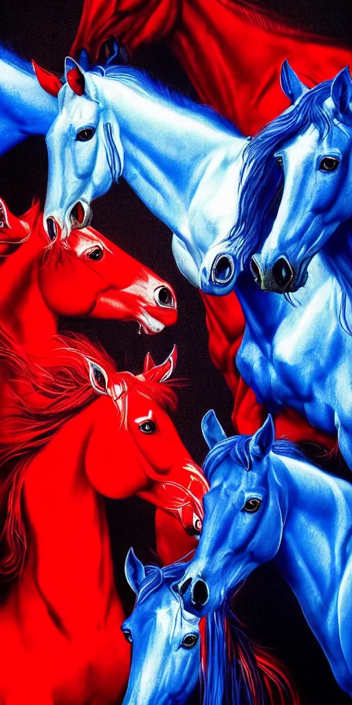 Image similar to red horses with blue riders, too many teeth, too many eyes, in hoc signo vinces, waterfall, in the style of gottfried helnwein, light by caravaggio, part by rodcenko, part by hofbauer, high contrast chiaroscuro, intricate composition, blue light, insanely quality, highly detailed, masterpiece, red light, artstation