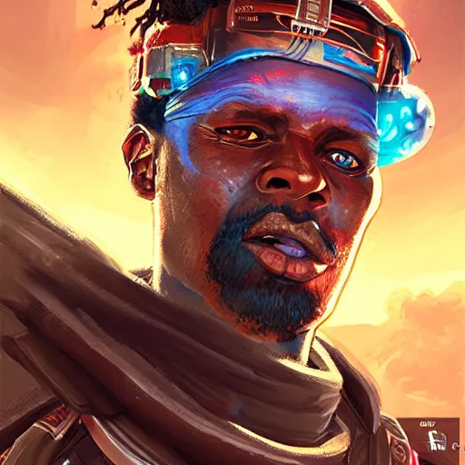 Image similar to a menacing somali space pirate with ruby eyes, Apex Legends character digital illustration portrait design, by android jones, detailed, cinematic lighting, wide angle action dynamic portrait