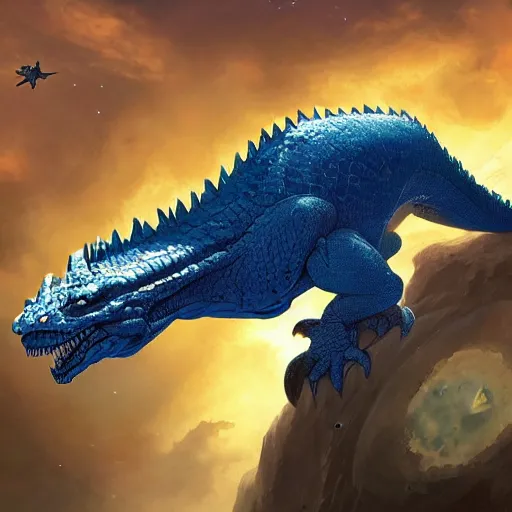 Prompt: Gigantic blue scaled dragon devouring an earth like planet while flying in space, sun system, behemoth, lizard, crocodile, comic, by Greg Rutkowski