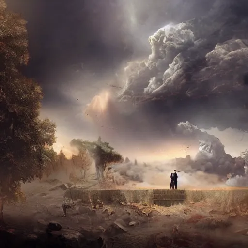 Image similar to a young couple watching the apocalypse unfold, romantic detailed digital matte painting