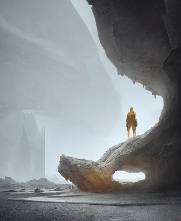 Image similar to surreal romantic prometheus inverted architecture white exploration base, ochre ancient palette, building architecture by ruan jia, futuristic, blame, white architecture in the beach in iceland, foggy, highly detailed, digital painting, arstation, concept art, hyperealistic octane render, unreal engine