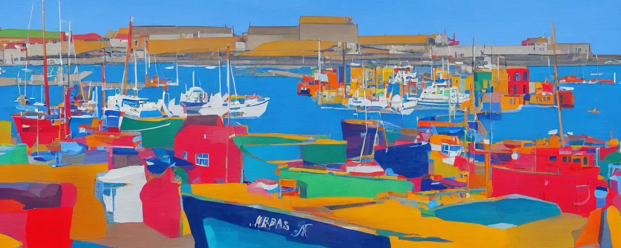 Prompt: a painting of the harbour at Stromness orkney, Memphis, bold, kitch, colourful, shapes fine