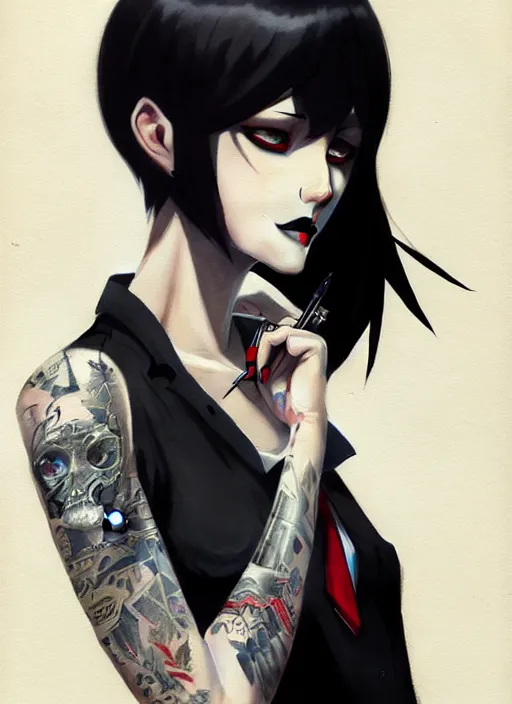 Prompt: ultradetailed beautiful panting of a stylish goth woman wearing a shirt with a tie, tattoos, she has black hair, distressed, by greg rutkowski, ashley wood, makoto shinkai, ilya kuvshinov, on artstation