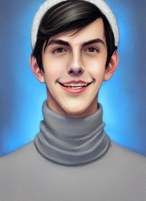 Image similar to portrait of teenage jughead jones wearing a light grey crown, crown, blue turtleneck, closed eyes, eyes closed, smile, crown, black hair, intricate, elegant, glowing lights, warm lighting, highly detailed, digital painting, artstation, concept art, smooth, sharp focus, illustration, art by wlop, mars ravelo and greg rutkowski