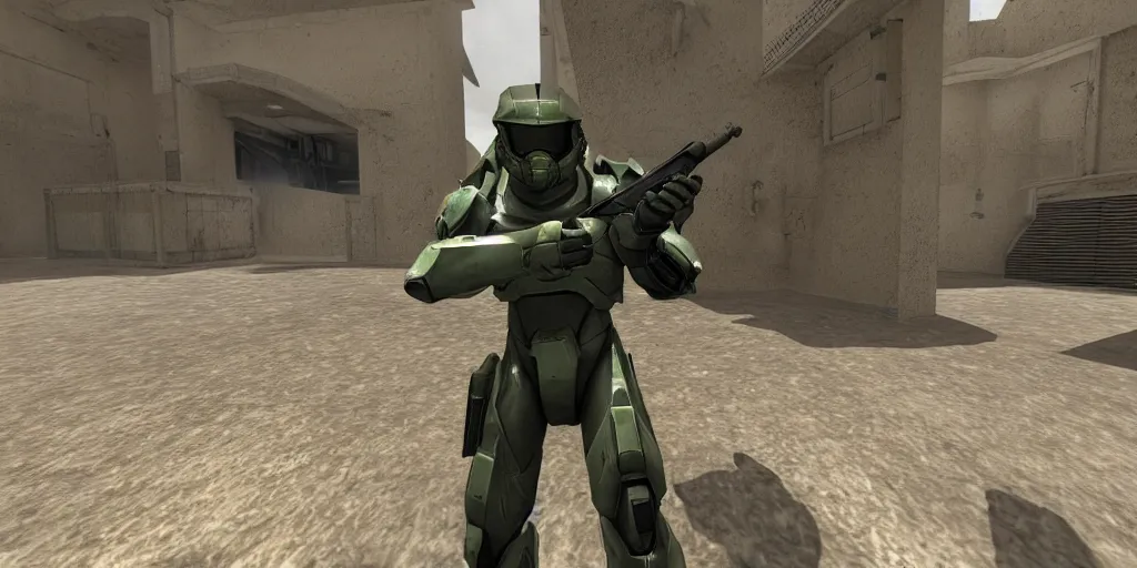 Image similar to master chief in counter strike dust 2 map