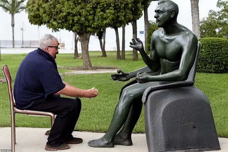 Image similar to a man who is sitting upright in a chair is touching a completed statue