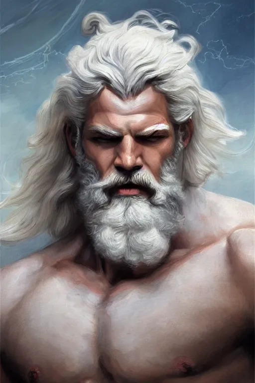 Image similar to painted portrait of rugged zeus, god of thunder, greek god, white hair, masculine, powerful, handsome, upper body, white robe, muscular, hairy torso, fantasy, intricate, elegant, highly detailed, digital painting, artstation, concept art, smooth, sharp focus, illustration, art by gaston bussiere and magali villeneuve