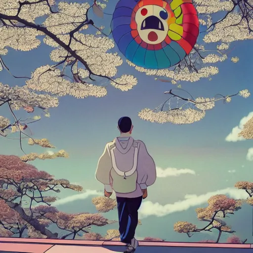 Image similar to a man walking on clouds away from the camera above kyoto by takashi murakami, beeple and james jean, aya takano color style, 4 k, super detailed, modern, 4 k, symmetrical