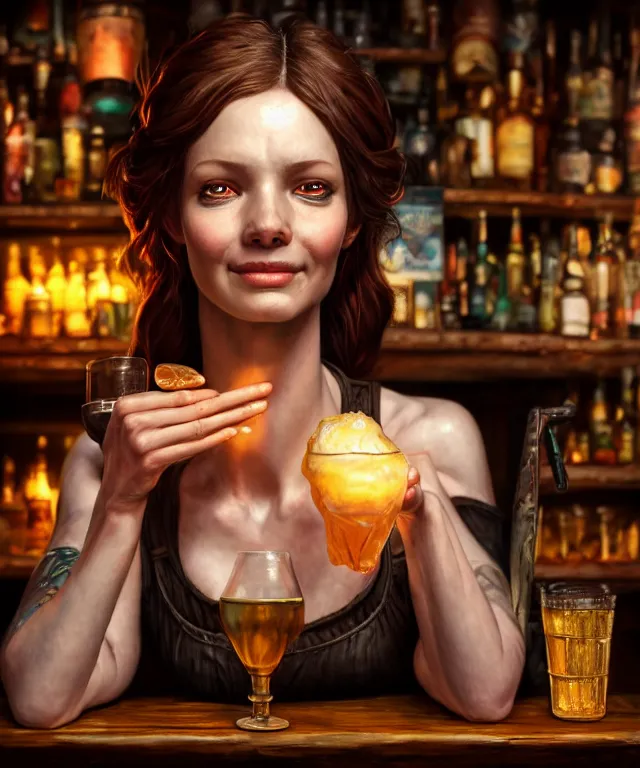 Image similar to hyperrealistic mixed media painting of a beautiful smiling charismatic barmaiden, dimly lit cozy tavern, confident relaxed pose, d&d, stunning 3d render inspired art by Gerlad Brom and Anna Dittmann + perfect facial symmetry + dim volumetric lighting, 8k octane beautifully detailed render, post-processing, extremely hyperdetailed, intricate, epic composition, grim yet sparkling atmosphere, cinematic lighting + masterpiece, trending on artstation, very very detailed, masterpiece, stunning