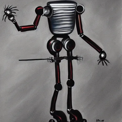Image similar to a skinny outdated awkward robot with joints that creak and a triangular head with 2 antenna, painting by Ed Binkley