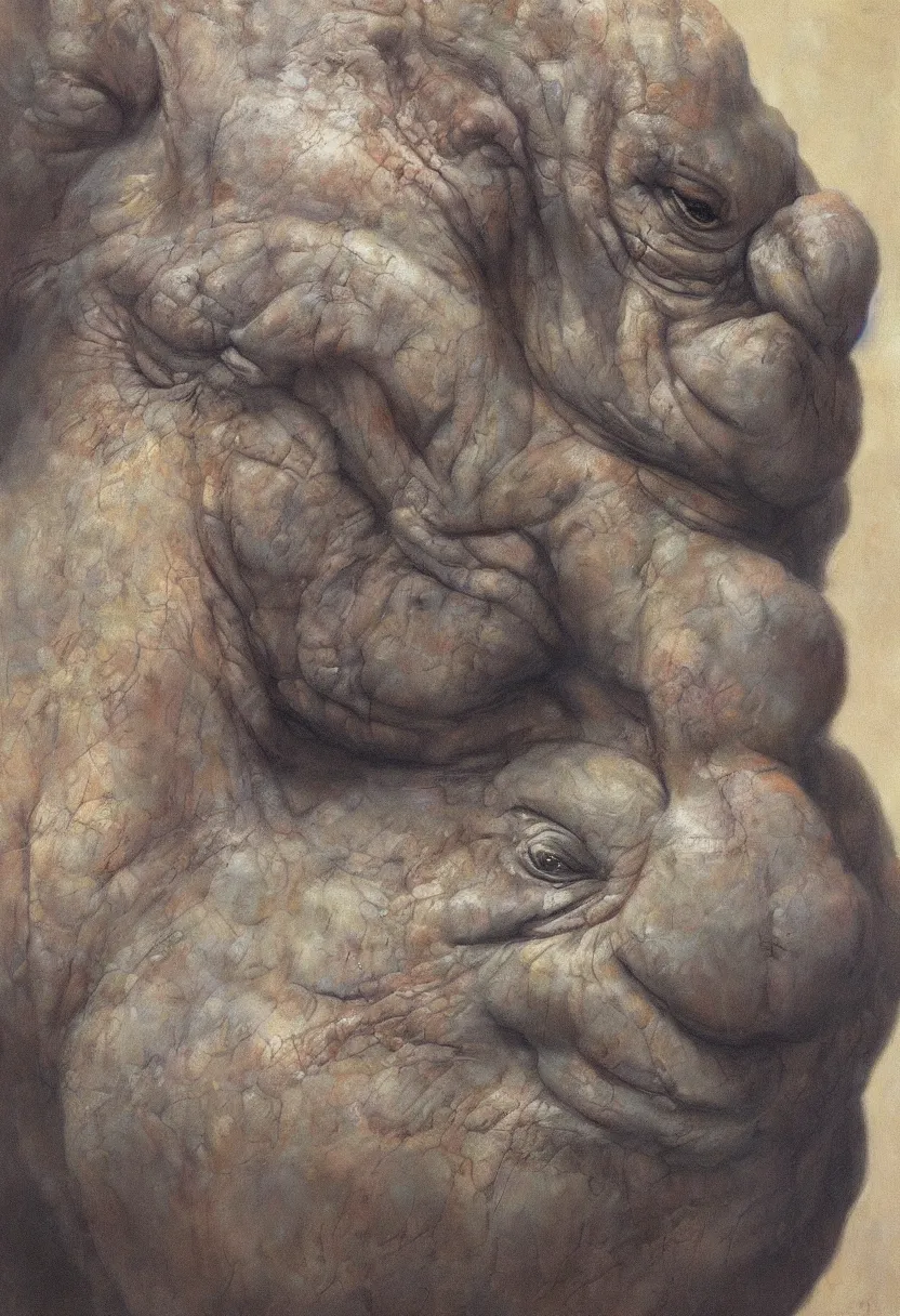 Prompt: beautiful oil clean painting of grotesque big chungus portrait by wayne barlowe, rembrandt, complex, stunning, realistic skin color, 4 k, high res, awardwinning, masterpiece, realistic lighting