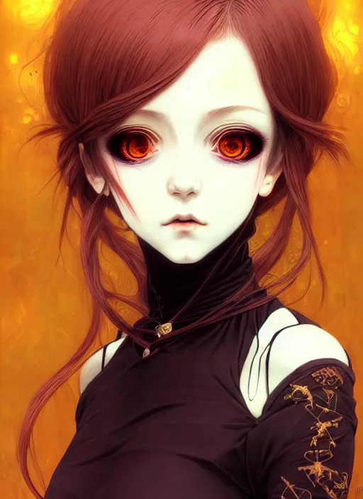 Image similar to portrait of beautiful young gothic anime maiden, cute-fine-face, pretty face, realistic shaded Perfect face, fine details. Anime, cyberpunk, Warhammer, highly detailed, artstation, illustration, art by Ilya Kuvshinov and Gustav Klimt