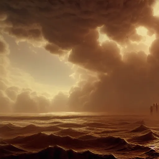 Image similar to A man made of clouds walking over a blood ocean, masterpiece, ultra detailed, unreal engine 5, illustration, Albert Bierstadt and Henri.