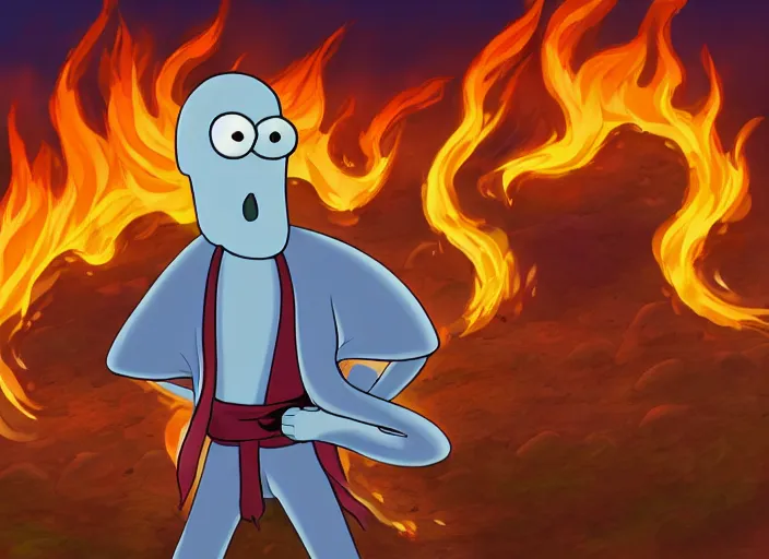 Image similar to squidward wearing fire nation clothing and practicing firebendingoutside at susnset, digital art, highly detailed, intricate, 8 k, sharp focus, photorealistic