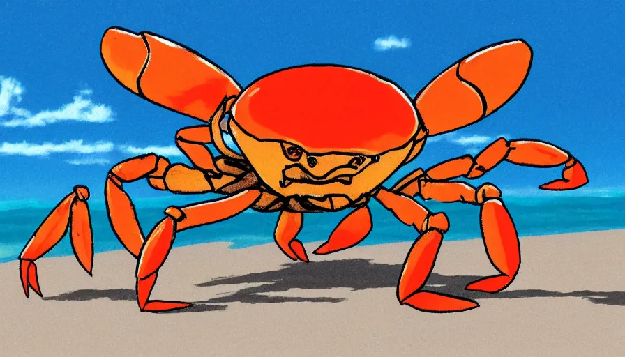 Image similar to A crab dancing to crab rave song. On a beach, at the water, claws reaching up into the air. In the style of Studio Ghibli