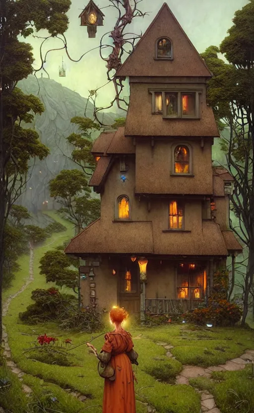 Image similar to a hyper realistic witchy cottage with solar panels on a tall hill, mountains, atmospheric lighting, lush foliage, painting by chiara bautista and tom bagshaw, mucha, beksinski and norman rockwell and greg rutkowski weta studio, and lucasfilm