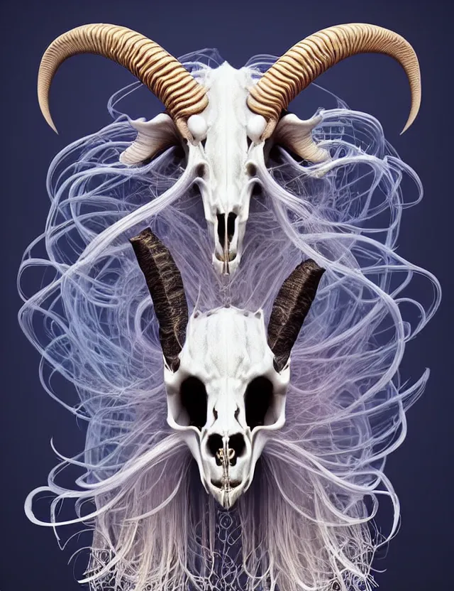 Image similar to 3 d goddess goat skull half - turn portrait with long hair with ram skull. beautiful intricately detailed japanese crow kitsune mask and clasical japanese kimono. betta fish, jellyfish phoenix, bio luminescent, plasma, ice, water, wind, creature, artwork by tooth wu and wlop and beeple and greg rutkowski