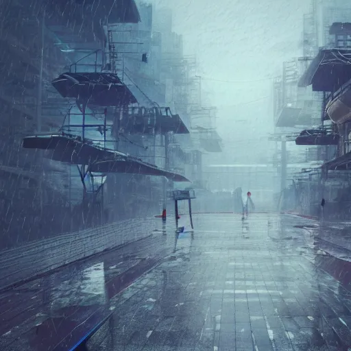 Image similar to raining dark smog wide angle shot dieselpunk dystopia makoto shinkai corrogated steel walkway