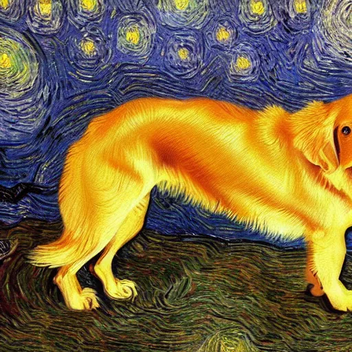Prompt: a golden retriever in a van gogh painting