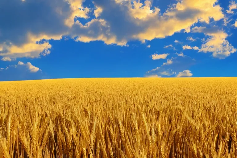 Image similar to Photo of clear blue sky and yellow wheat field, hd, beautiful, perfect light, photorealism, highly detailed, symmetry