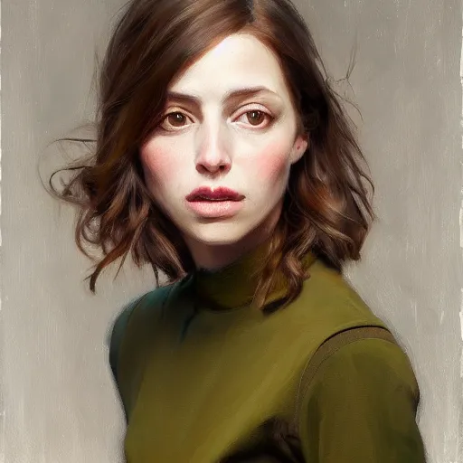 Prompt: epic painting of highly detailed brown haired female in olive dress in style of amy leibowitz, wlop, jeremy lipkin, beeple