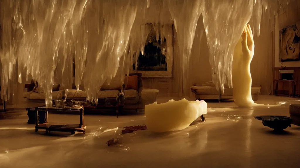 Image similar to a giant hand made of wax and water floats through the living room, film still from the movie directed by Denis Villeneuve with art direction by Salvador Dalí, wide lens