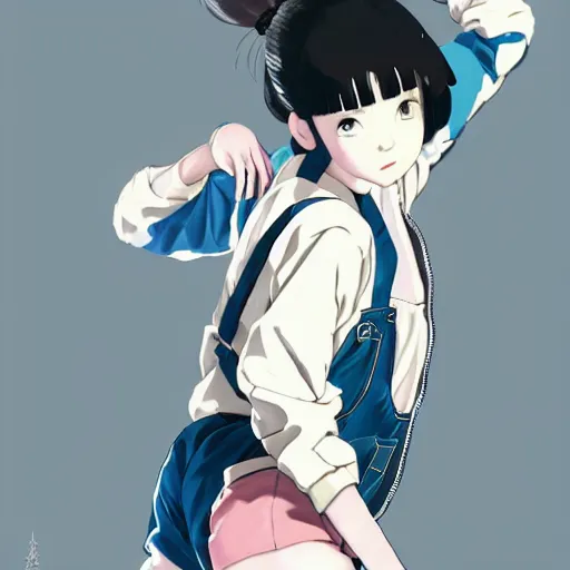 Image similar to a beautiful! boyish! ballerina alluring gravure! model, aztech street fashion oversized mayan bomber jacket and leotard with overalls, bulky poofy bomber jacket with mayan patterns, gapmoe yandere grimdark, trending on pixiv fanbox, painted by greg rutkowski makoto shinkai takashi takeuchi studio ghibli, akihiko yoshida