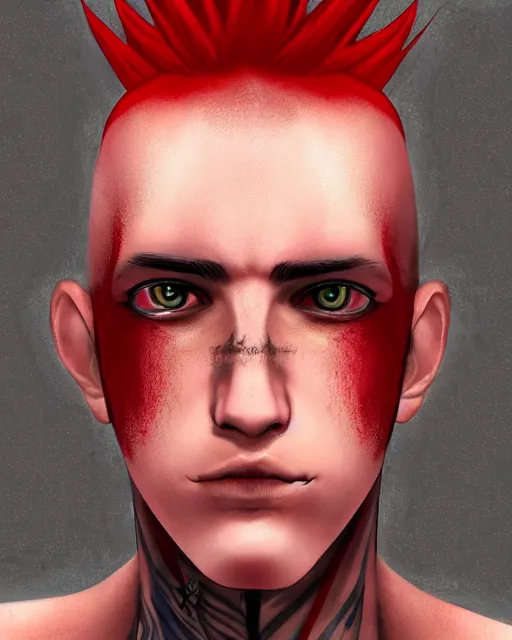 Image similar to young man with a short red dyed mohawk, red irises and a slim face, piercings, dressed in crustpunk clothing, headshot, attractive, handsome, model, trending on artstation, high quality art, character design, realism art, award winning art, in color, no makeup, no tattoos