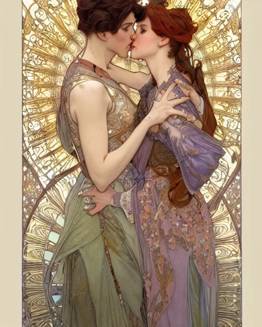 Image similar to the kiss | highly detailed | very intricate | art nouveau | gold filigree | romantic storybook fantasy | soft cinematic lighting | award - winning | disney watercolor illustration by mandy jurgens and alphonse mucha and alena aenami | pastel color palette | featured on artstation