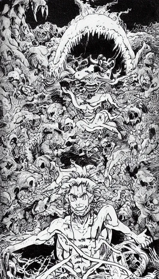 Image similar to man on boat crossing a body of water in hell with creatures in the water, sea of souls, by yoshihiro togashi