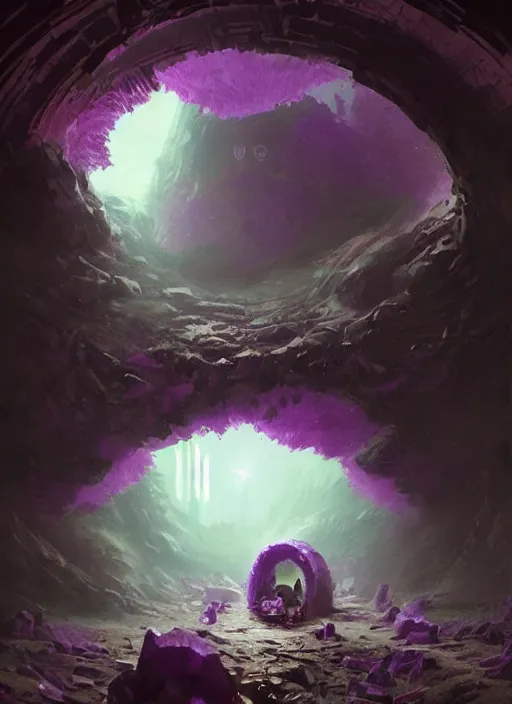 Image similar to zergling tunnel in cave of purple crystals, beautiful painting by greg rutkowski, trending on artstation