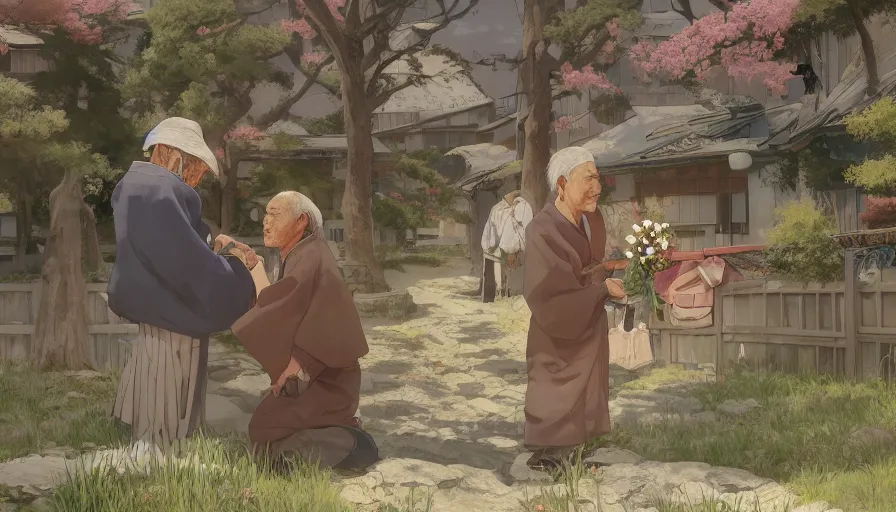 Image similar to old japanese man giving flower to his wife, sunny day, japanese village, mange style, hyperdetailed, artstation, cgsociety, 8 k