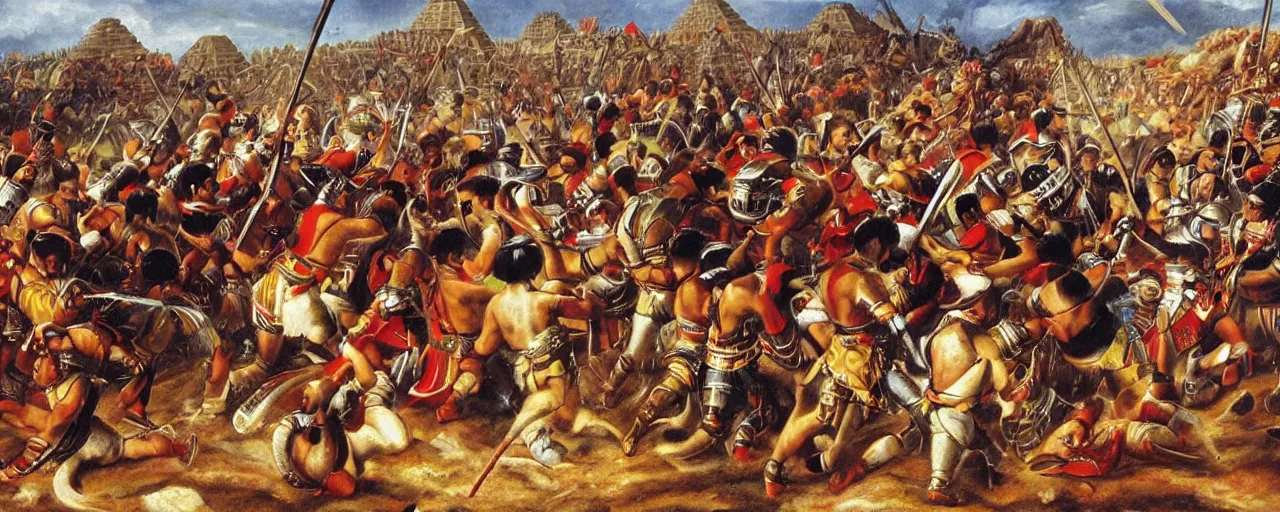 Prompt: spaniards conquerors fighting aztec warriors between the mexican pyramids, daniel lezama painting style, hyperrealistic