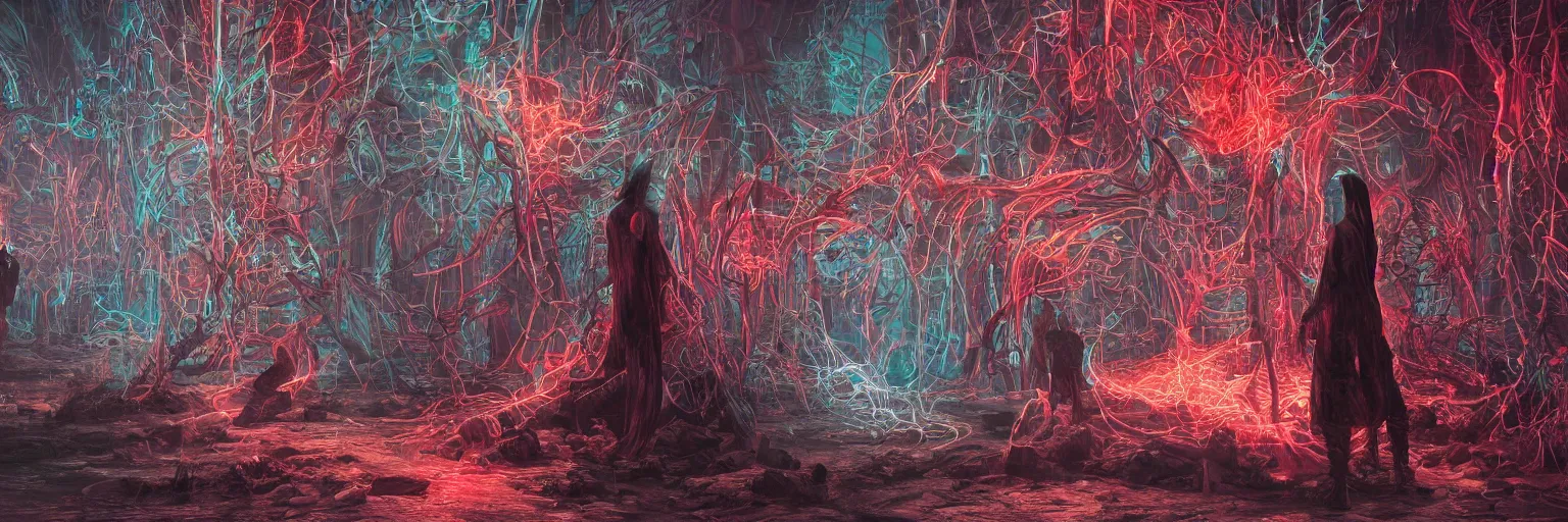 Image similar to demonic ritual, neon, they are watching, RGB, glowing wires everywhere, pristine, by Ross Tran, Zdzisław Beksiński, and Michael Whelan, distant, gustav dore, H.R. Giger, 8k, octane render