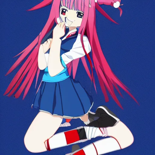 Prompt: anime girl with fark blue hair with a red streak, she is smiling, confident, wearing a school uniform, you can see her belly the top has anime demon eyes, she wear sneakers and she is holding a giant iron red half scissor