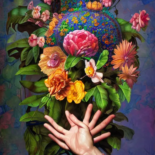 Prompt: photorealistic beautiful hands holding a big elaborate maximalist flower. mixed media 3d and oil painting in the style of Michelangelo and Banksy with flemish baroque details. hyperdetailed vivid textures HD 8x matte background