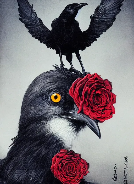 Image similar to portrait, A crow with red eyes in front of the full big moon, book cover, red roses, red white black colors, establishing shot, extremly high detail, foto realistic, cinematic lighting, pen and ink, intricate line drawings, by Yoshitaka Amano, Ruan Jia, Kentaro Miura, Artgerm, post processed, concept art, artstation, matte painting, style by eddie mendoza, raphael lacoste, alex ross