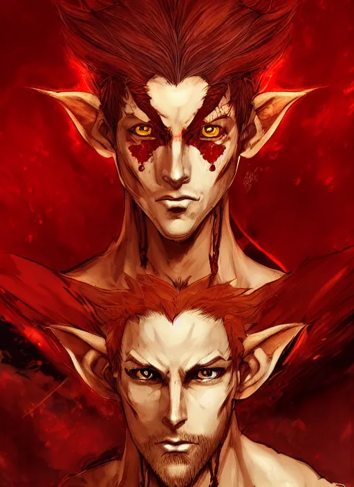 Image similar to Half body portrait of a handsome young red haired elven monk prince with dragon eyes, staff and red and golden ornate dragon robe. In style of Yoji Shinkawa and Hyung-tae Kim, trending on ArtStation, dark fantasy, great composition, concept art, highly detailed.