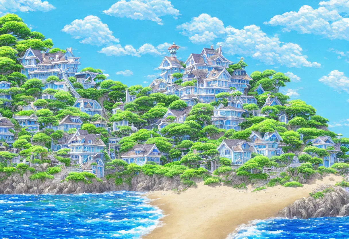 Prompt: a beautiful ultradetailed painting of a seaside house, sunny, close shot, studio ghibli sunlight, archdaily, wallpaper, highly detailed, trending on artstation